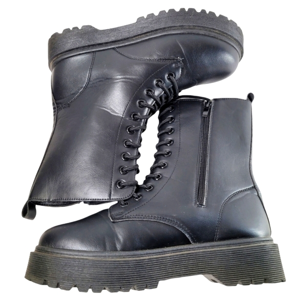 BM Collection Black Vegan Leather Platform Combat Boots Size 10 - Picture 6 of 11
